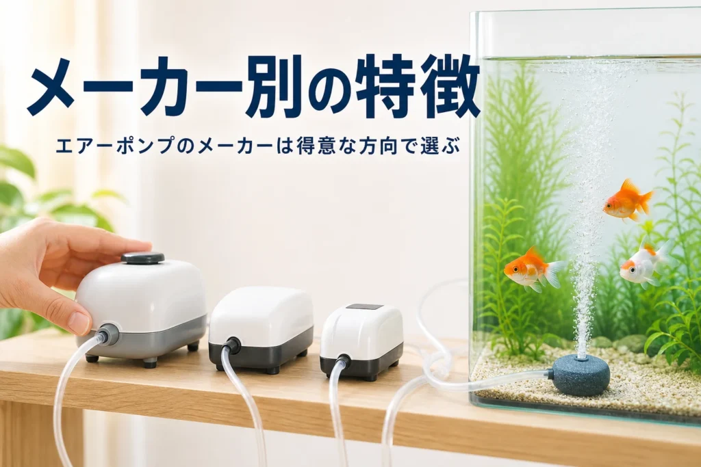 形の違う小型エアーポンプが並び、水槽にチューブで空気を送っている様子と記事タイトル