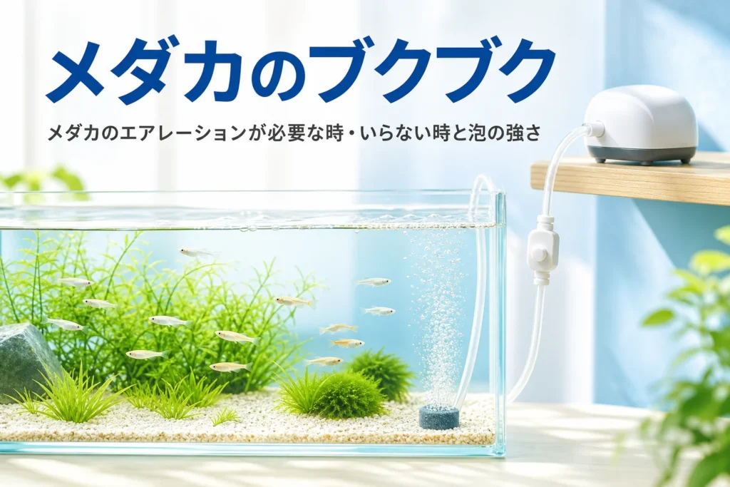 隅のエアストーンから弱い泡が立つ水槽でメダカが泳いでいる様子
