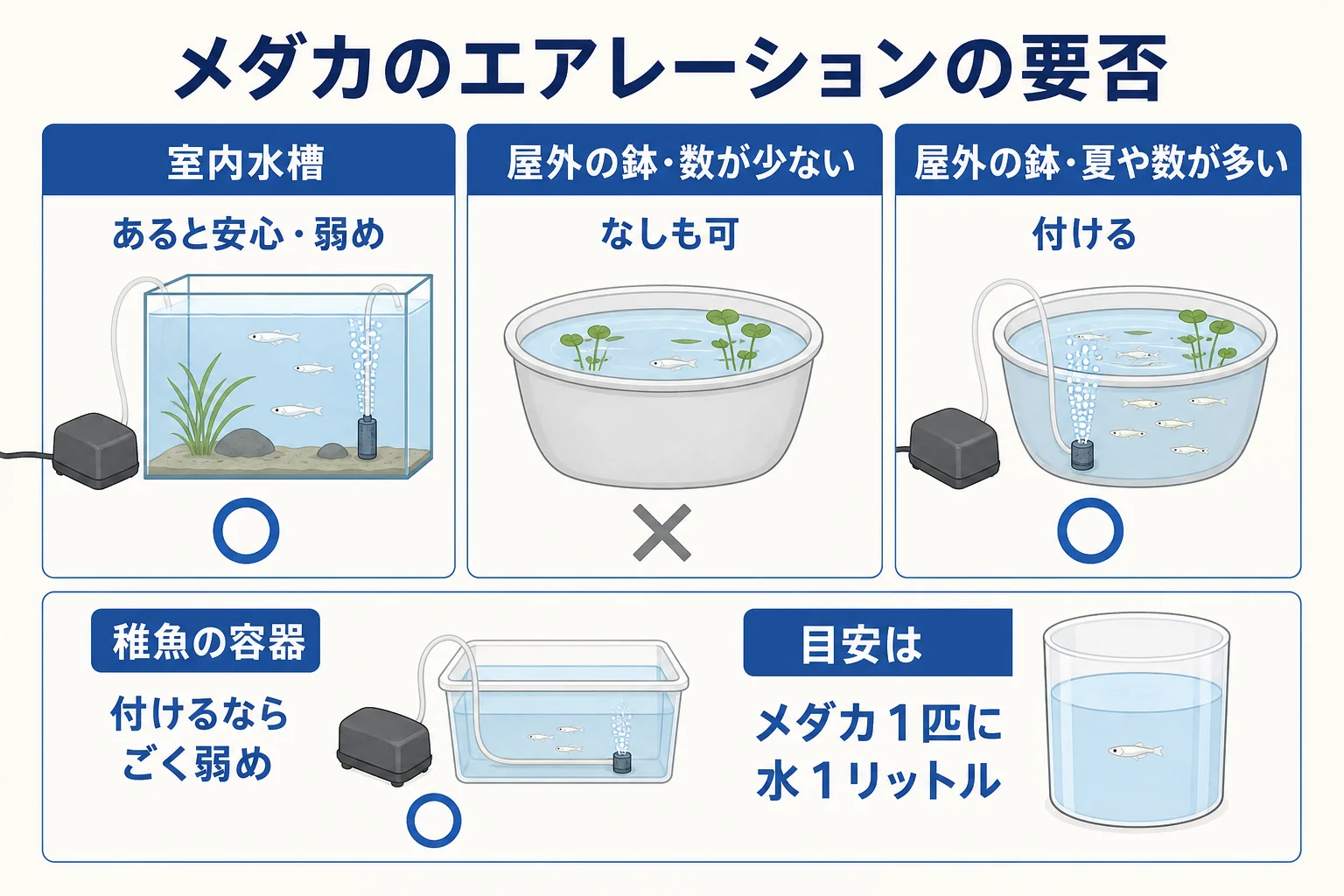 メダカの飼い方を室内水槽・屋外の鉢・稚魚の容器に分けてエアレーションの要否を示した図解
