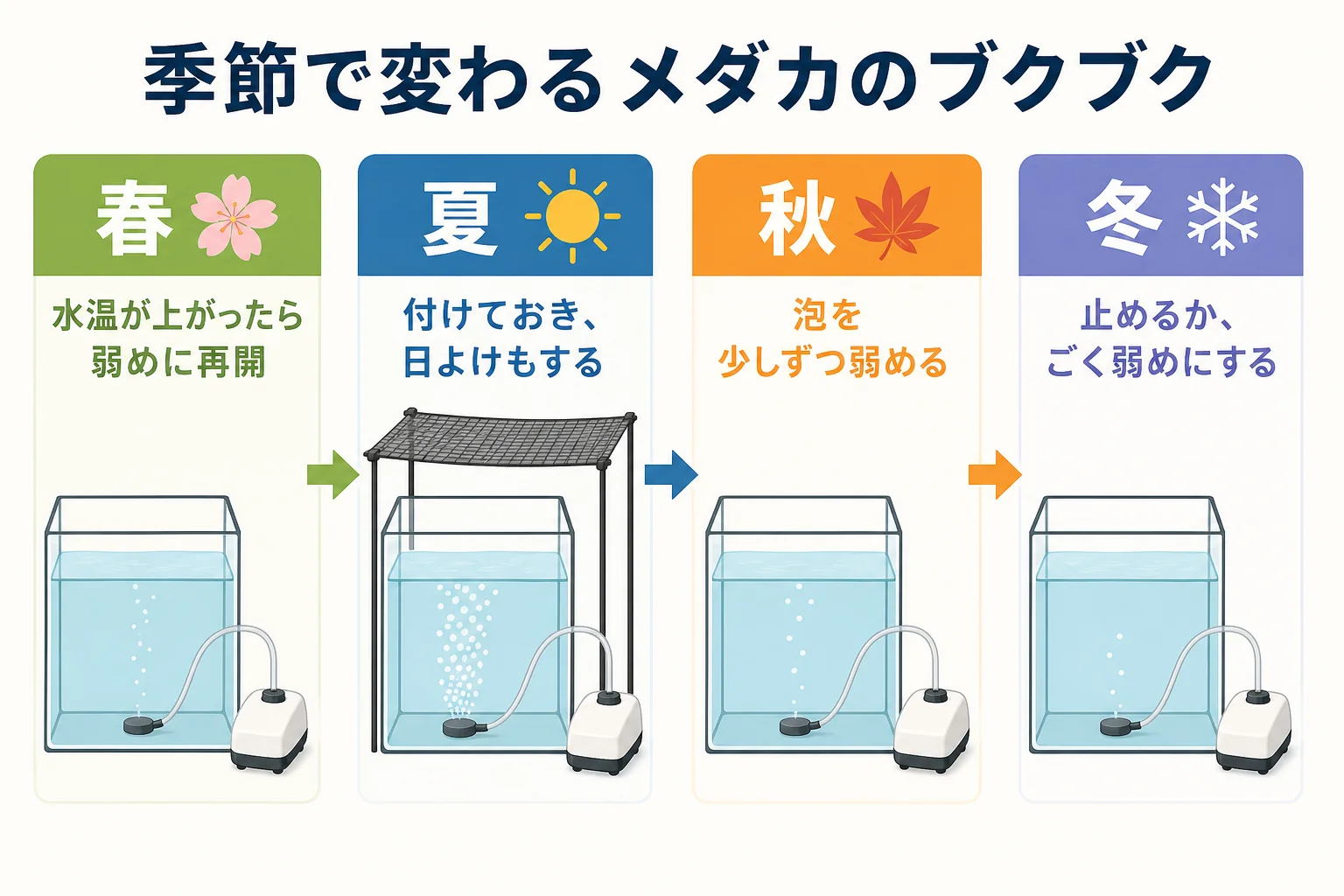 季節ごとのメダカのエアレーションの扱いを春夏秋冬の順に示した図解