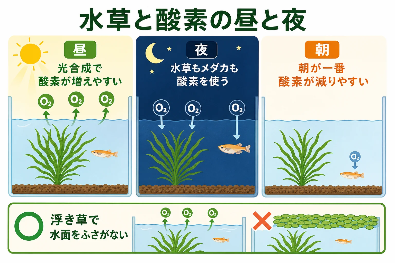 水草が昼は酸素を作り夜は酸素を使うことを、メダカの水槽の昼と夜で比べた図解