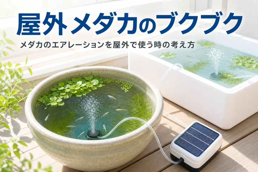 ベランダの睡蓮鉢と発泡スチロール箱で飼うメダカと、ソーラー式エアーポンプの泡