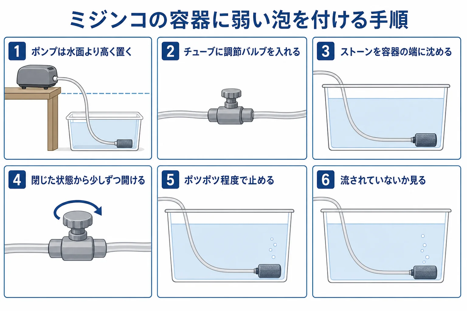ミジンコの培養容器に弱い泡を付ける手順を、ポンプの置き場所から泡の調整まで順番に示した図解