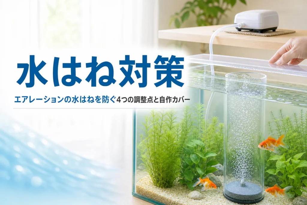 透明な筒で泡を囲って水はねを抑えた水槽と、エアレーションの水はね対策を紹介する記事タイトル