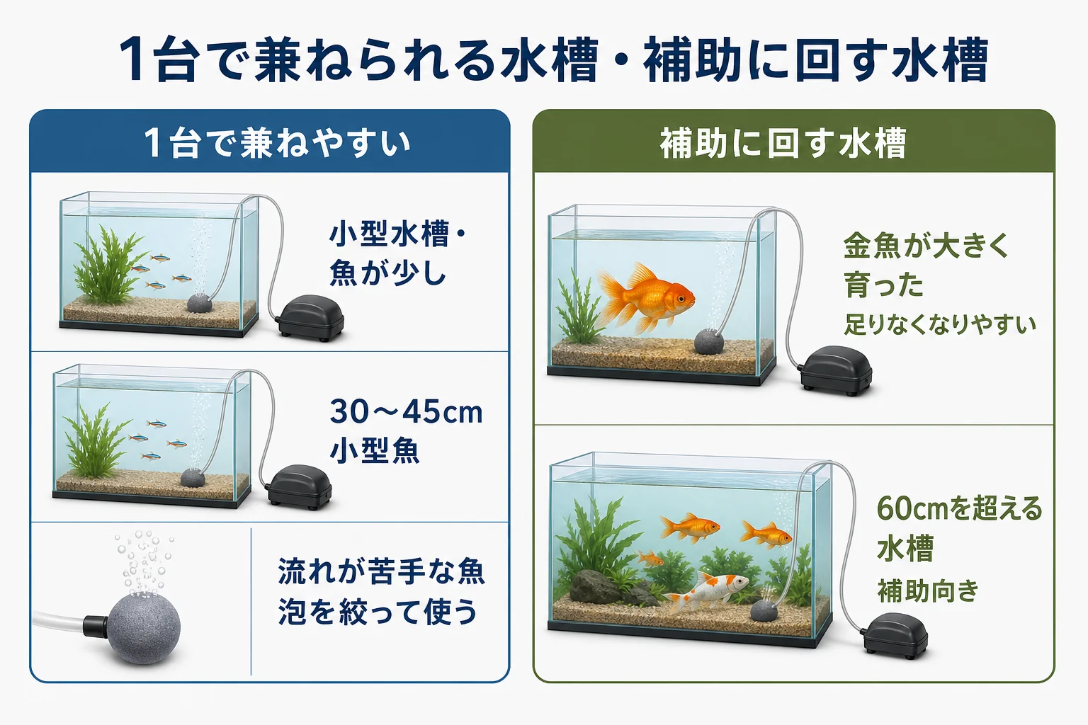 投げ込み式フィルターが1台で向いている水槽と、ろ過が足りなくなりやすい水槽を比べた図解