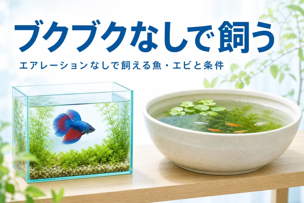 ベタが泳ぐ小さな水槽とメダカが泳ぐ水面の広い鉢、エアレーションなしで飼える魚を紹介する記事タイトル