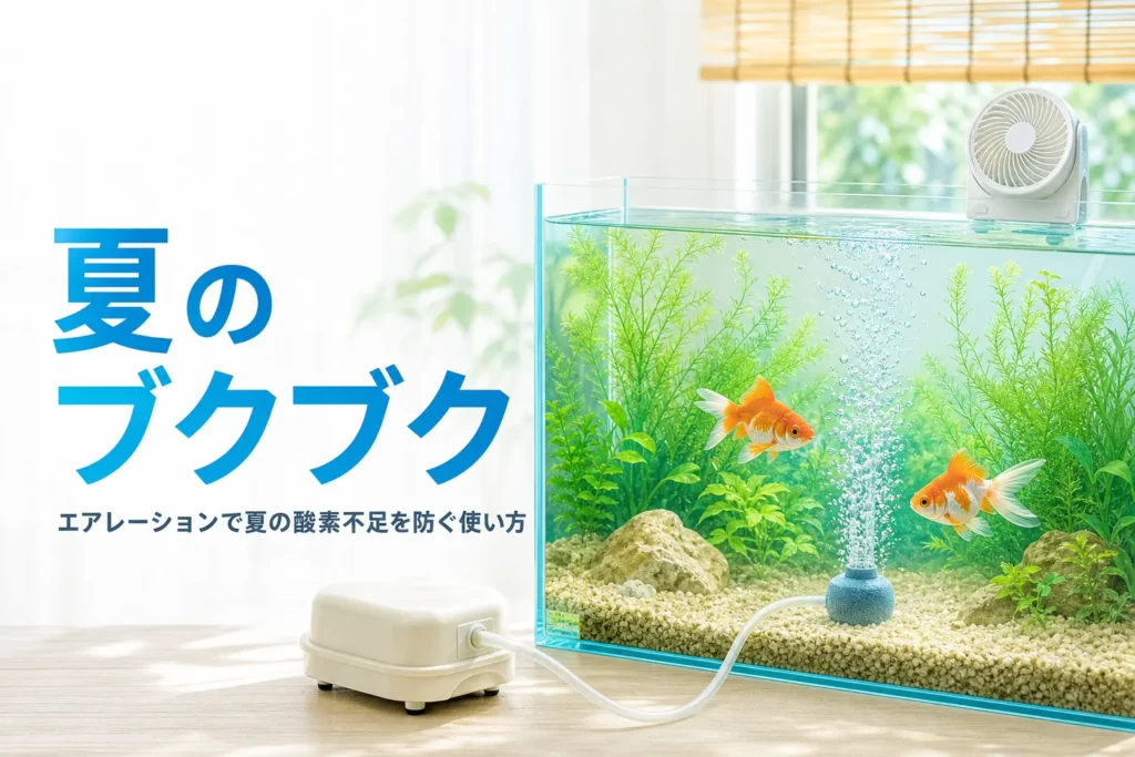 夏の部屋で泡が上がる水槽と冷却ファン
