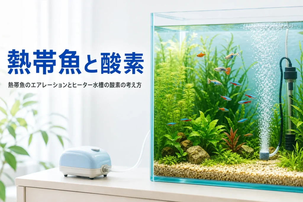 ヒーターの入った熱帯魚の水槽でエアストーンから泡が立つ様子と、熱帯魚のエアレーションを紹介する記事タイトル