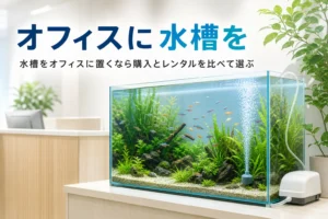 オフィスの受付横に置かれた熱帯魚水槽と、オフィス・店舗に水槽を置く時の選び方を紹介する記事タイトル