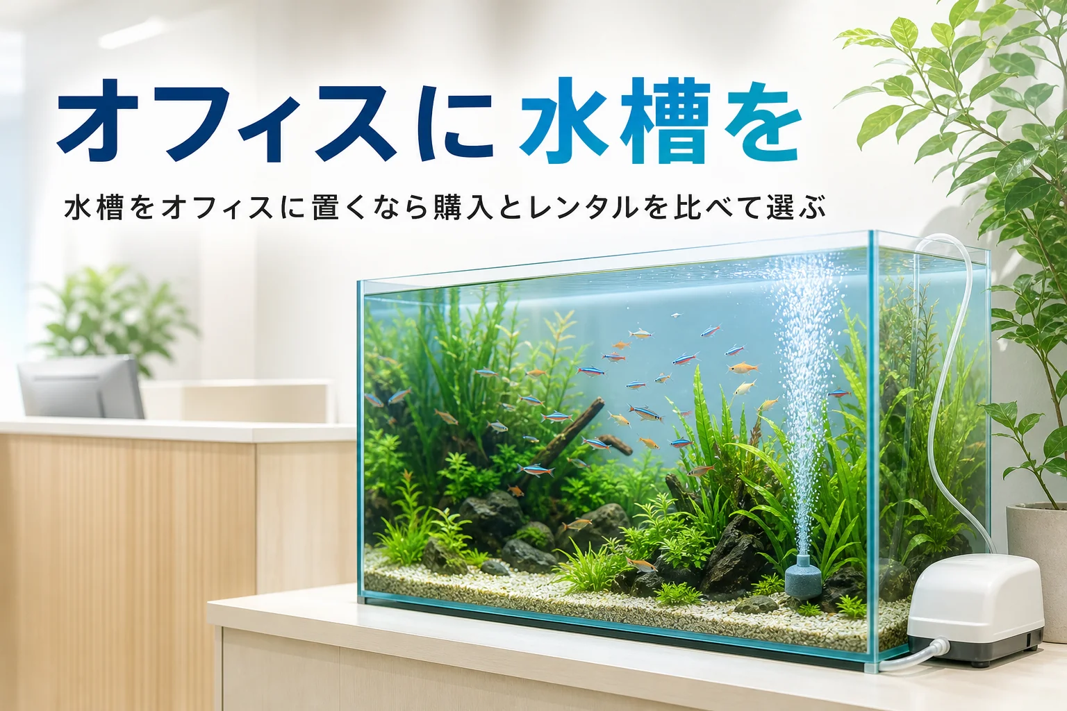 オフィスの受付横に置かれた熱帯魚水槽と、オフィス・店舗に水槽を置く時の選び方を紹介する記事タイトル