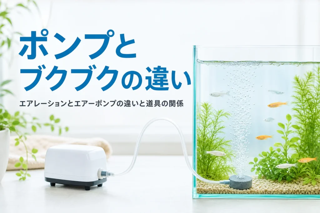 小型のエアーポンプとチューブでつながった水槽のエアストーンから泡が出る様子、エアレーションとエアーポンプの違いを解説する記事タイトル
