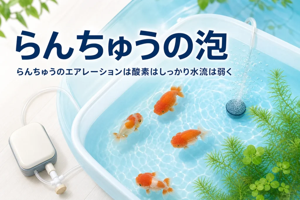 隅に弱めの泡が立つ水槽でらんちゅうがゆったり泳ぐ様子