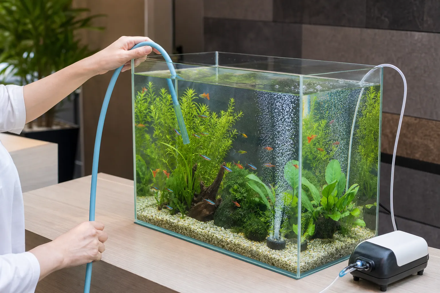 訪問したスタッフが水槽の水換えをしている様子