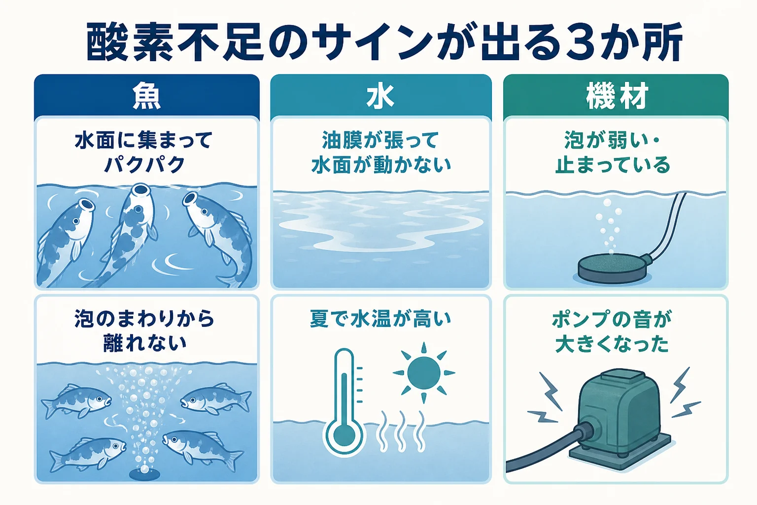 酸素不足のサインを魚・水・機材の3か所に分けて示した図解