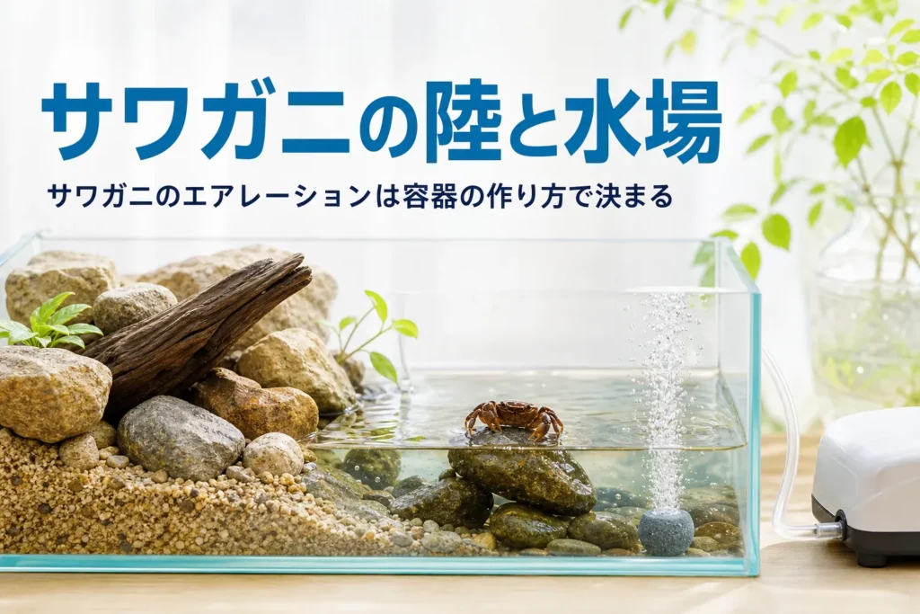 石の陸地と浅い水場がある飼育容器で、濡れた石の上にいるサワガニ