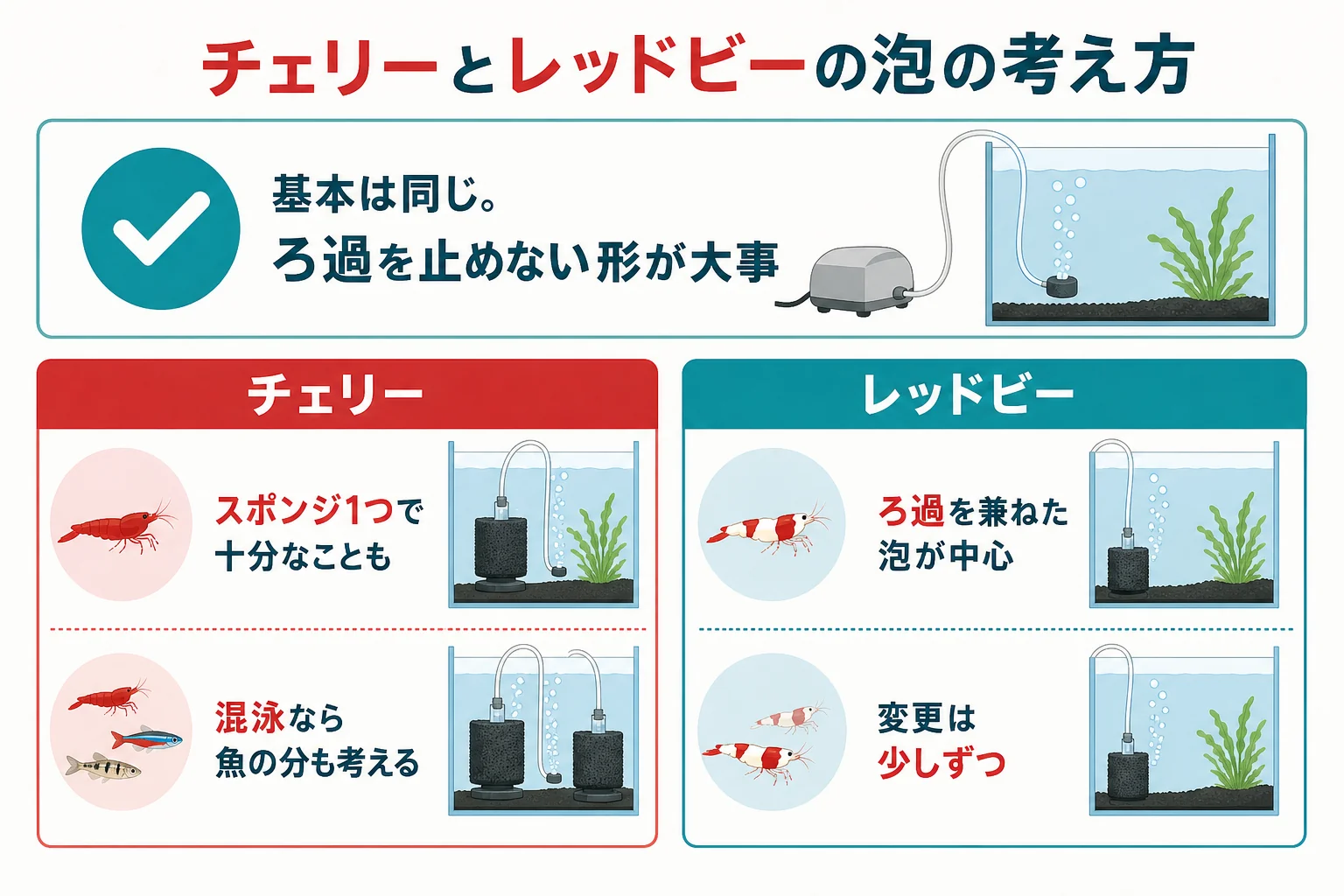 チェリーシュリンプとレッドビーシュリンプの水槽で、泡とろ過の組み合わせ方を比べた図解