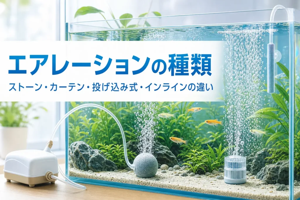 いくつかの種類のエアレーションから泡が立つ水槽と、エアレーションの種類を紹介する記事タイトル
