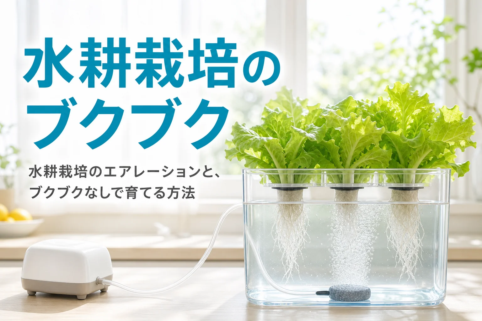 窓ぎわの透明な容器で育つ葉物とエアストーンの泡、水耕栽培のエアレーションを解説する記事タイトル