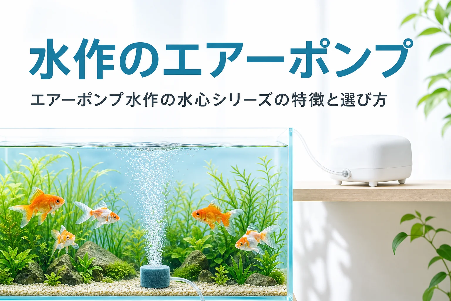 水面より高い棚に置いたエアーポンプと投げ込み式フィルターから泡が上がる水槽と、水作のエアーポンプを紹介する記事タイトル