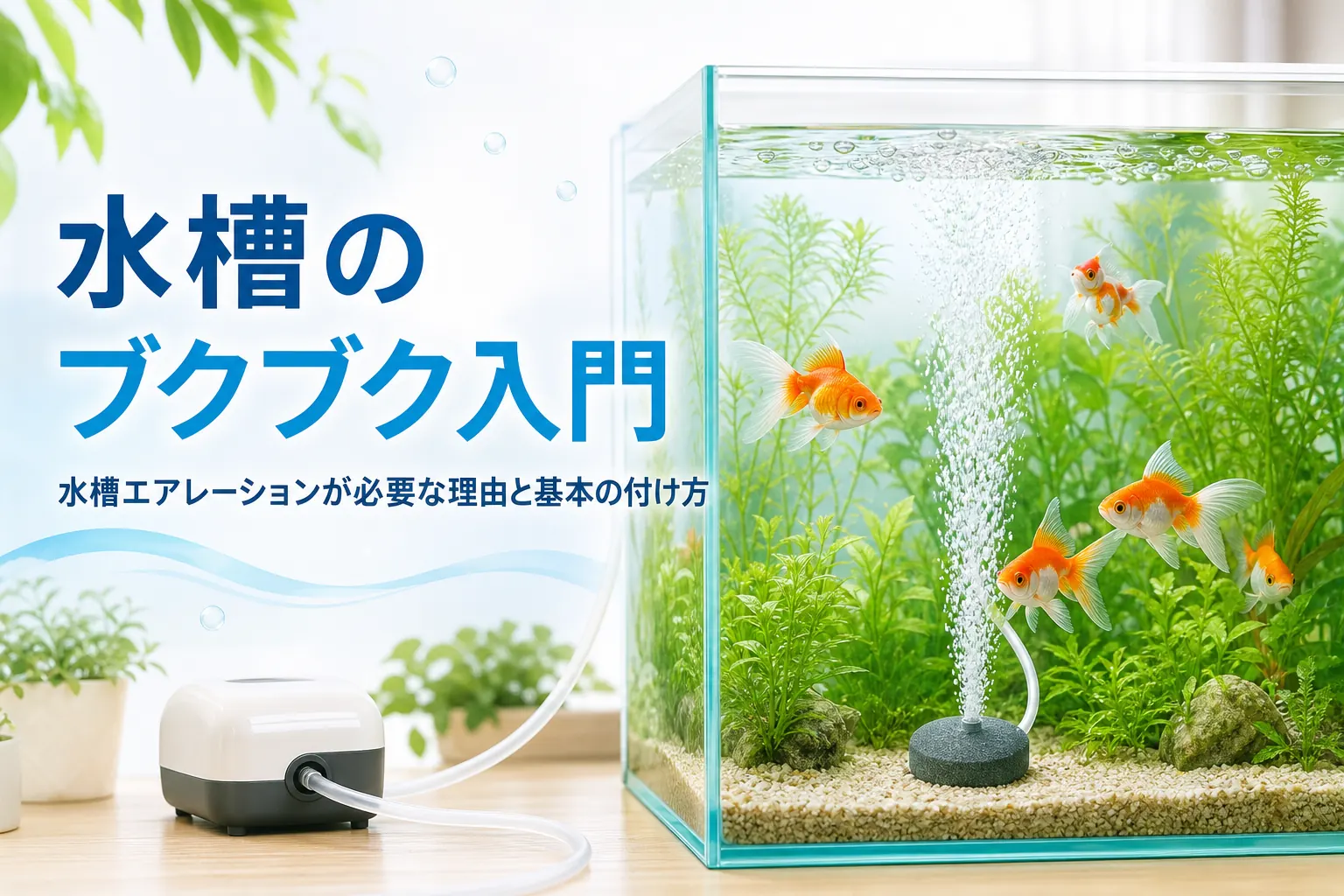 エアストーンから細かい泡が立つ金魚の水槽と小型のエアーポンプ、水槽のエアレーションを紹介する記事タイトル
