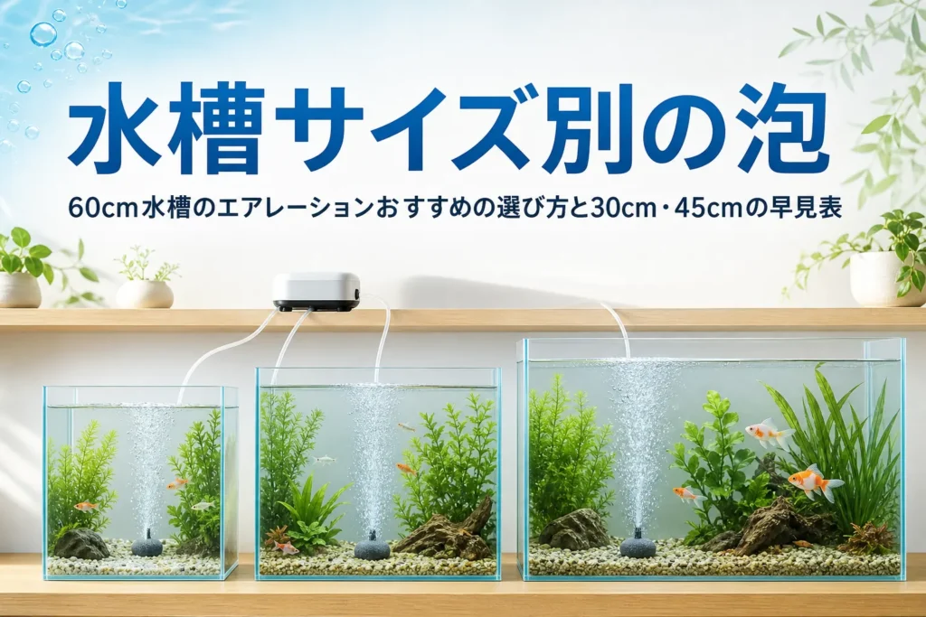 大きさの違う3つの水槽でエアストーンから泡が立つ様子と、水槽サイズ別のエアレーションを紹介する記事タイトル