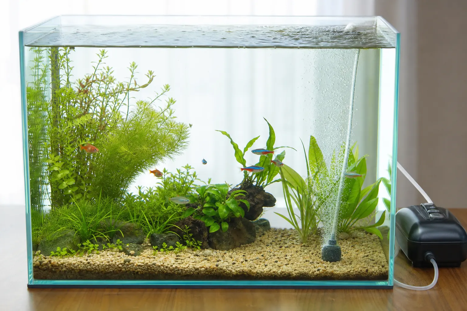 60cm水槽でストーン1つから泡が立ち、水面がゆるく揺れているちょうどいい量の様子