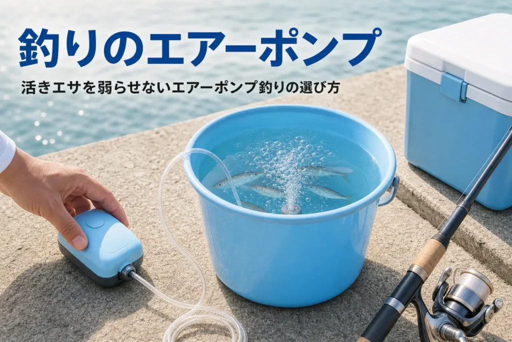 堤防のバケツで乾電池式エアーポンプの泡が立つ様子、釣りのエアーポンプの選び方を解説する記事タイトル