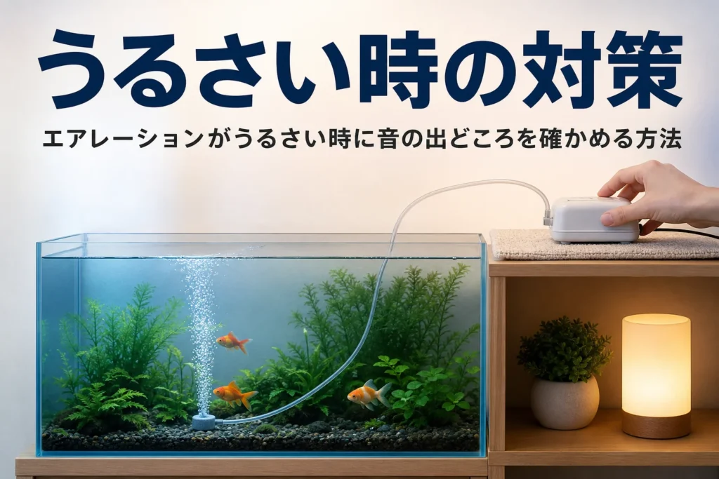 夜の部屋の水槽と敷き物の上のエアーポンプと、エアレーションがうるさい時の対策を紹介する記事タイトル