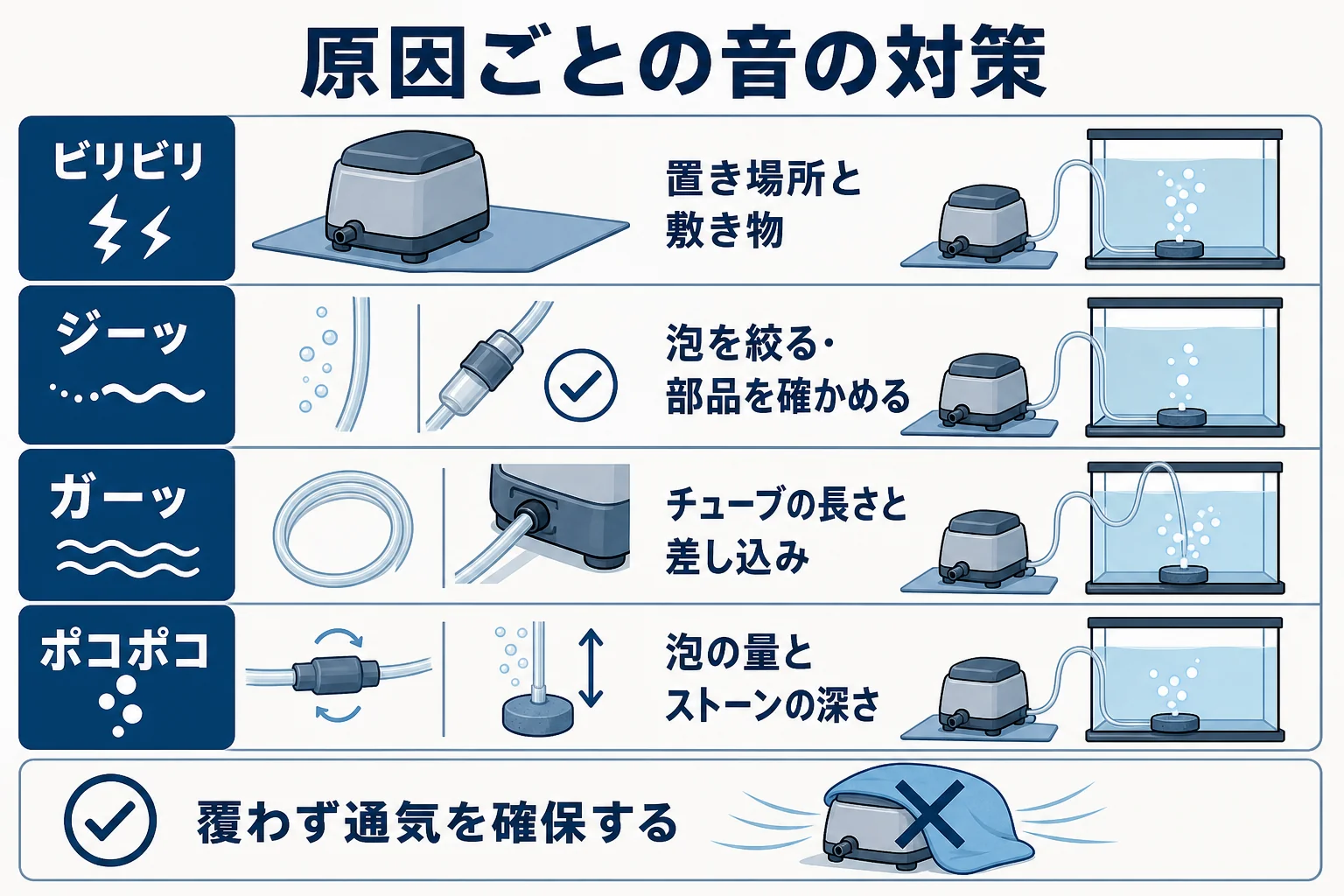エアーポンプの音の種類ごとに試す対策をまとめた図解