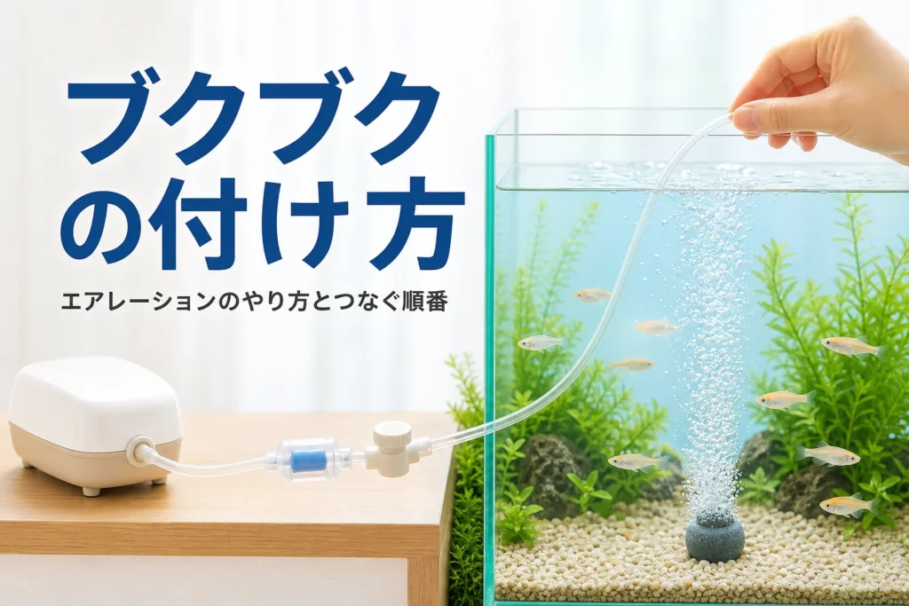 棚の上のエアーポンプからチューブで水槽のエアストーンにつないだ様子と、エアレーションのやり方を紹介する記事タイトル