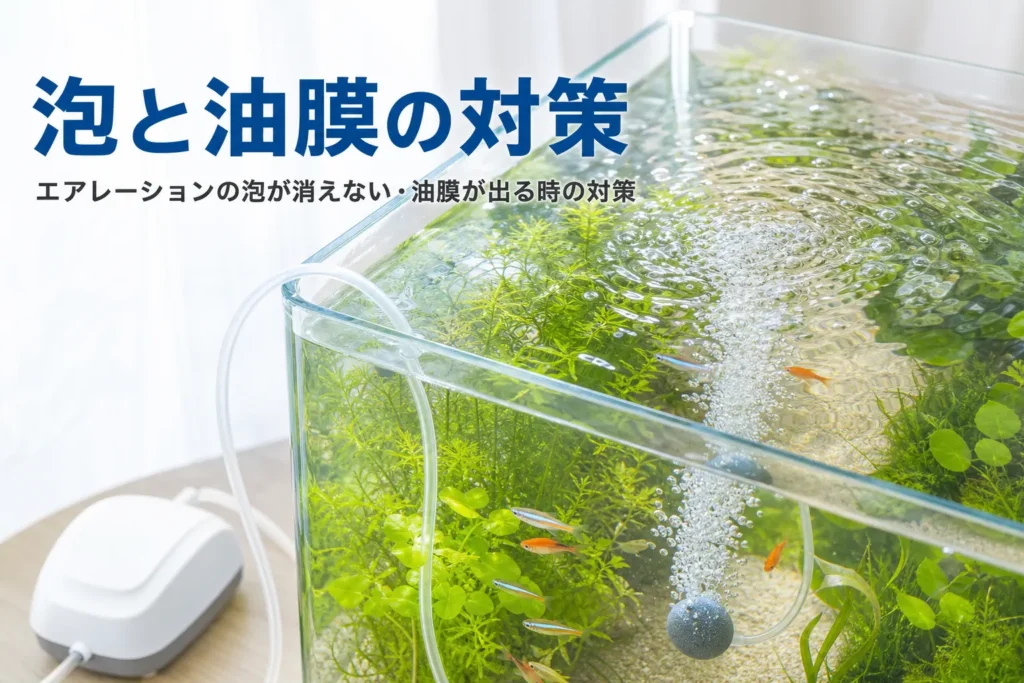 エアストーンの泡で水面が動いている水槽