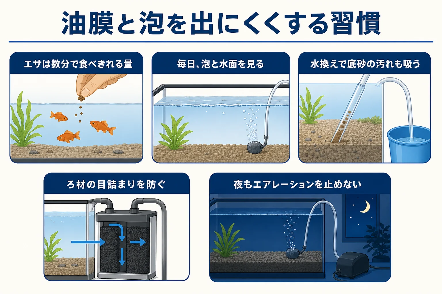 油膜と泡を出にくくする毎日の手入れの流れを示した図解