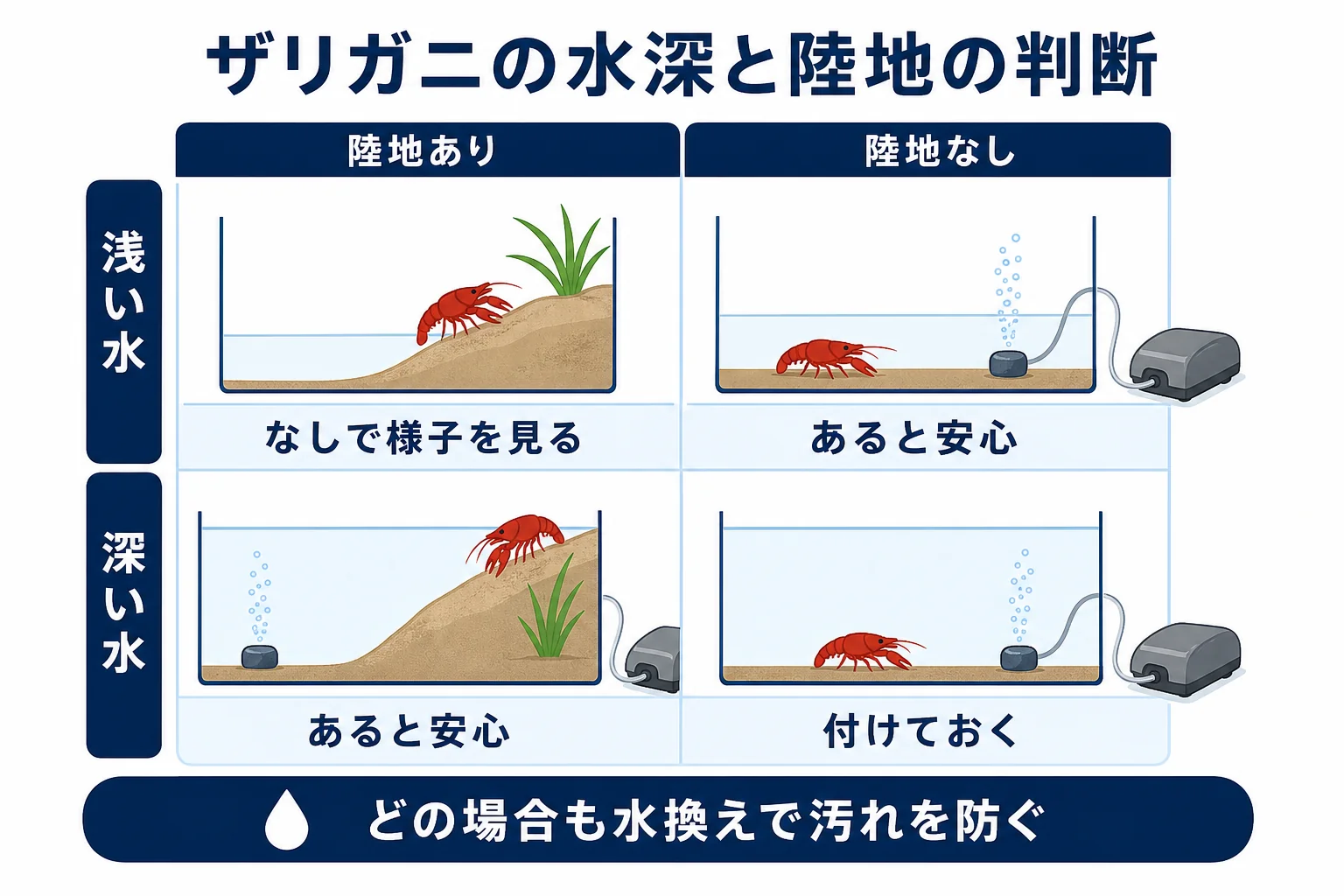 ザリガニの水槽で水深と陸地の有無からエアレーションが要るかを判断する図解