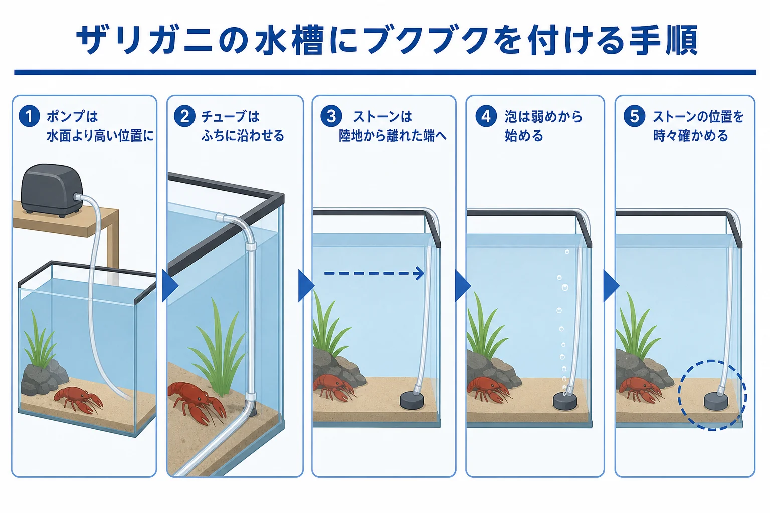 ザリガニの水槽にエアレーションを付ける手順を順番に示した図解